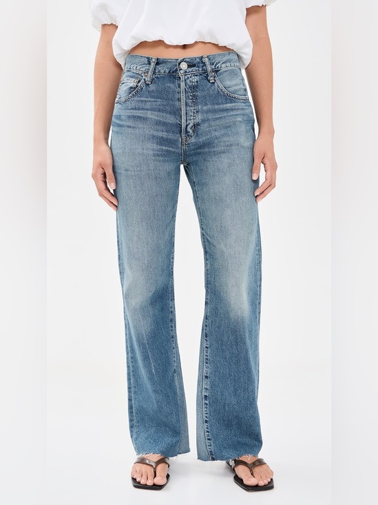 Moussy Denim - MOUSSY VINTAGE Straight Leg Jeans Raw Hem Denim Medium Blue Wash Distressed